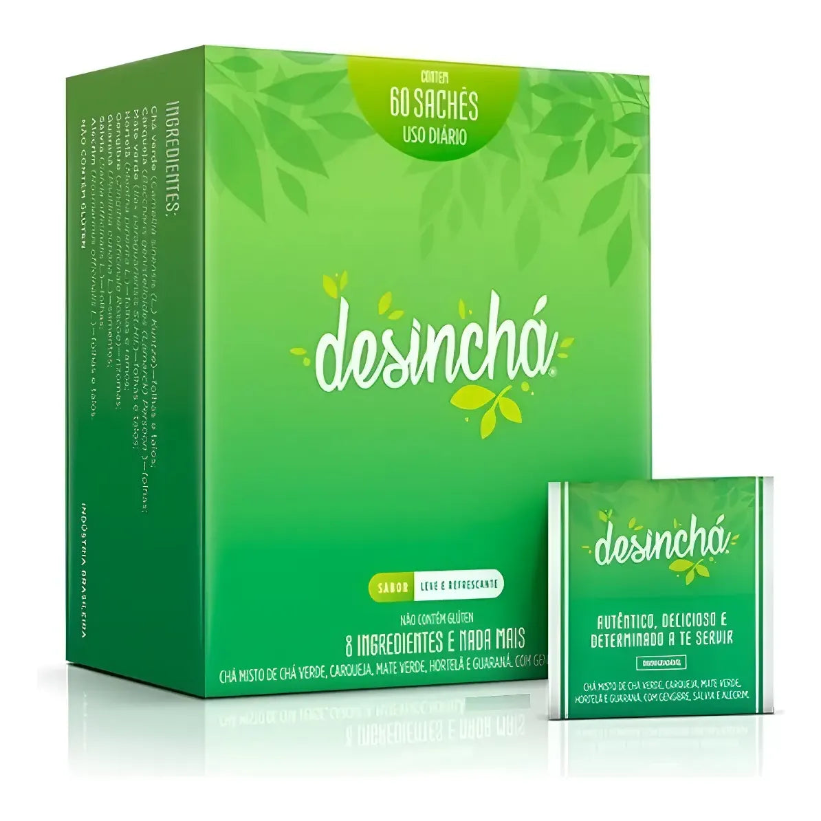 Desinchá Leve e Refrescante - Display 60 Envelopes. Chá verde, Carqueja, Mate verde, Hortelã e Guaraná com Gengibre, Sálvia e Alecrim.